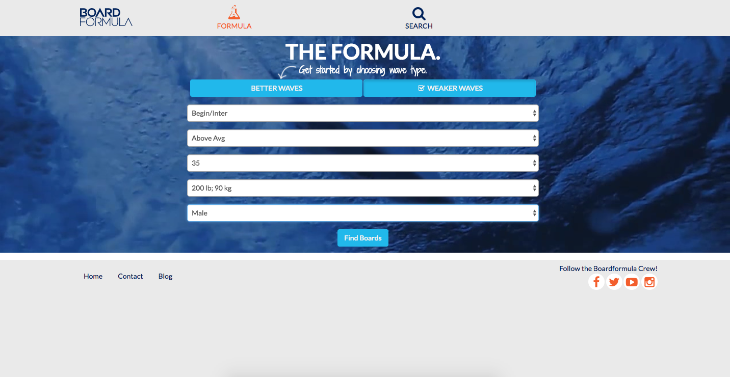 screenshot of a boardformula volume calculator form
