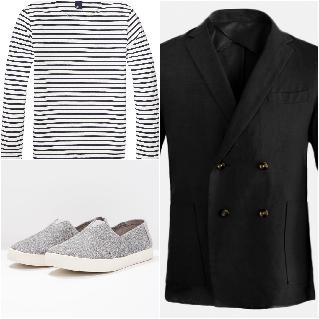 A collage photo of double breated blazer, striped t-shirt and grey sneakers