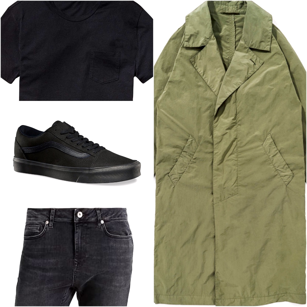 A collage of trench, black skinny jeans, black t-shirt and vans shoes 