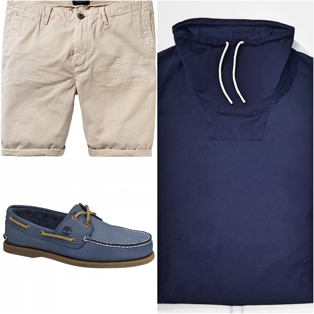 A collage photo of short sleeve windbreaker, chino shorts and boat shoes